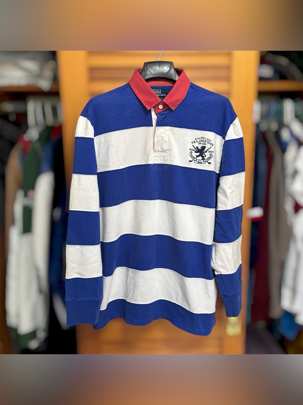 Vintage 90s Polo Ralph Lauren Rugby Shirt Striped Crest Embroidered XXL Blue